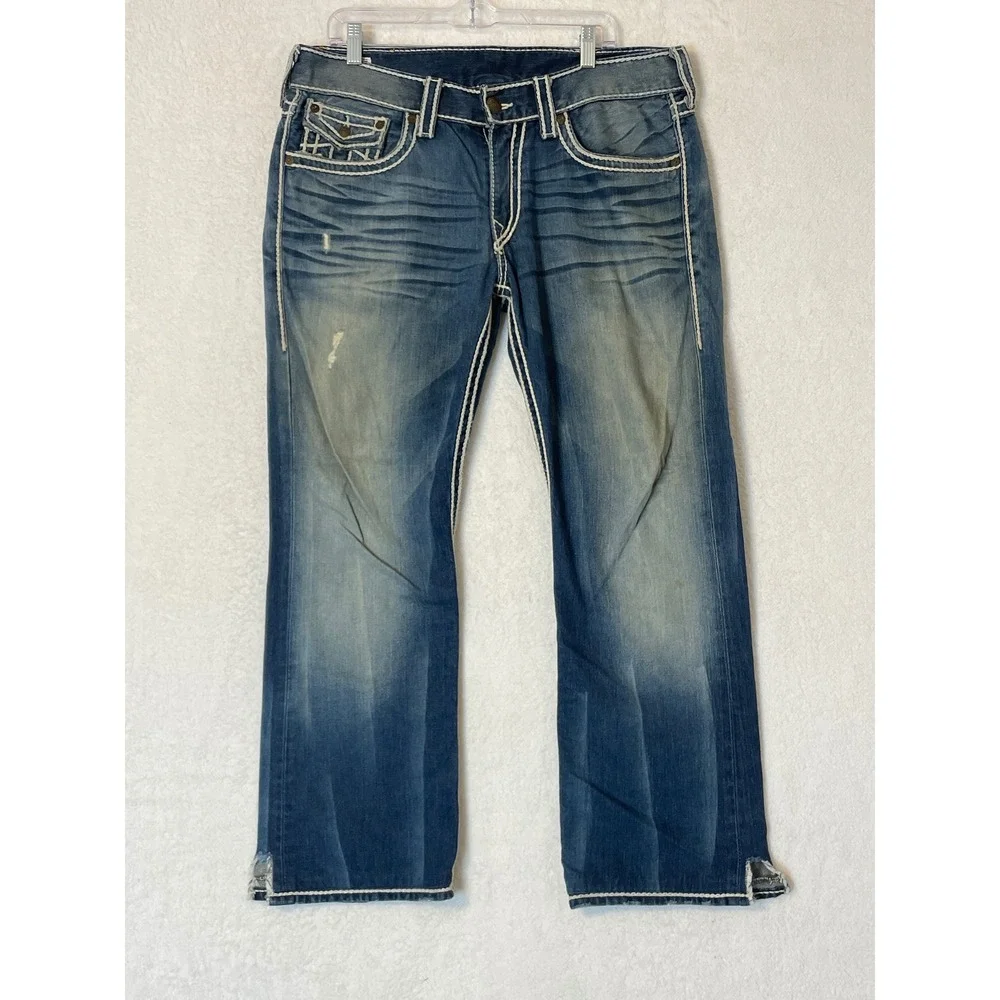 True Religion Mens Super T Straight Jeans Blue White Stitch Made in USA Size 34